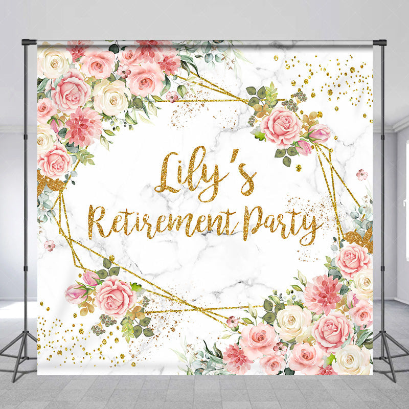 Aperturee - Aperturee Personalized Floral Retirement Party Backdrop Elegant Pink Rose and Gold Geometric Frame Custom Name on Marble Decor