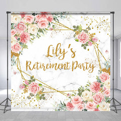 Aperturee - Aperturee Personalized Floral Retirement Party Backdrop Elegant Pink Rose and Gold Geometric Frame Custom Name on Marble Decor