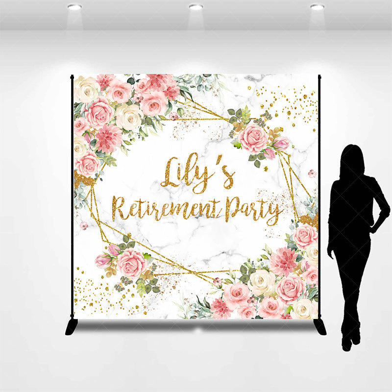 Aperturee - Aperturee Personalized Floral Retirement Party Backdrop Elegant Pink Rose and Gold Geometric Frame Custom Name on Marble Decor