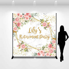 Aperturee - Aperturee Personalized Floral Retirement Party Backdrop Elegant Pink Rose and Gold Geometric Frame Custom Name on Marble Decor