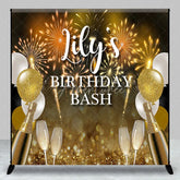 Aperturee - Aperturee Personalized Gold and Black Birthday Bash Custom Backdrop featuring Fireworks Balloons and Champagne Flutes.