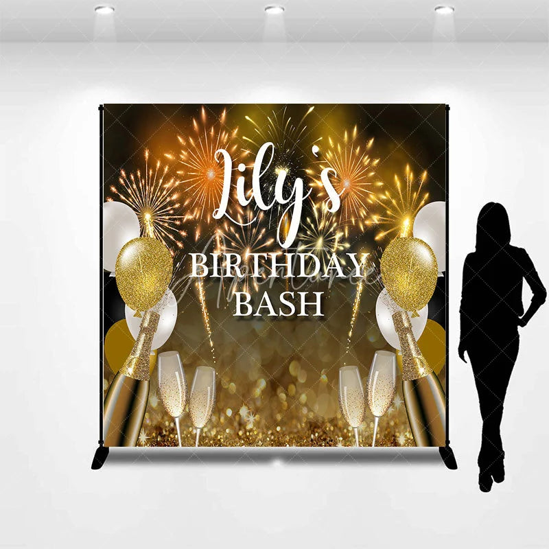 Aperturee - Aperturee Personalized Gold and Black Birthday Bash Custom Backdrop featuring Fireworks Balloons and Champagne Flutes.