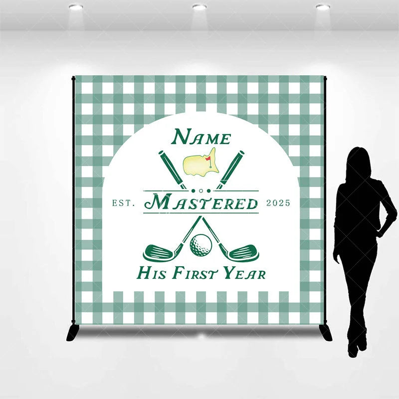 Aperturee - Aperturee Personalized Golf First Year Down Birthday Backdrop Custom Name Green Gingham Sports Party Banner
