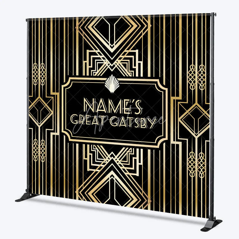 Aperturee - Aperturee Personalized Great Gatsby Birthday Backdrop Custom Name Art Deco Gold and Black Party Banner
