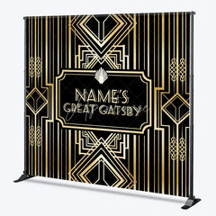 Aperturee - Aperturee Personalized Great Gatsby Birthday Backdrop Custom Name Art Deco Gold and Black Party Banner