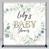 Aperturee - Aperturee Personalized Greenery Baby Shower Backdrop Eucalyptus Wreath with Gold Accents Custom Name Botanical Decor