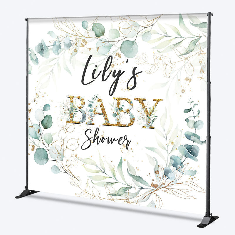 Aperturee - Aperturee Personalized Greenery Baby Shower Backdrop Eucalyptus Wreath with Gold Accents Custom Name Botanical Decor