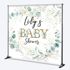 Aperturee - Aperturee Personalized Greenery Baby Shower Backdrop Eucalyptus Wreath with Gold Accents Custom Name Botanical Decor
