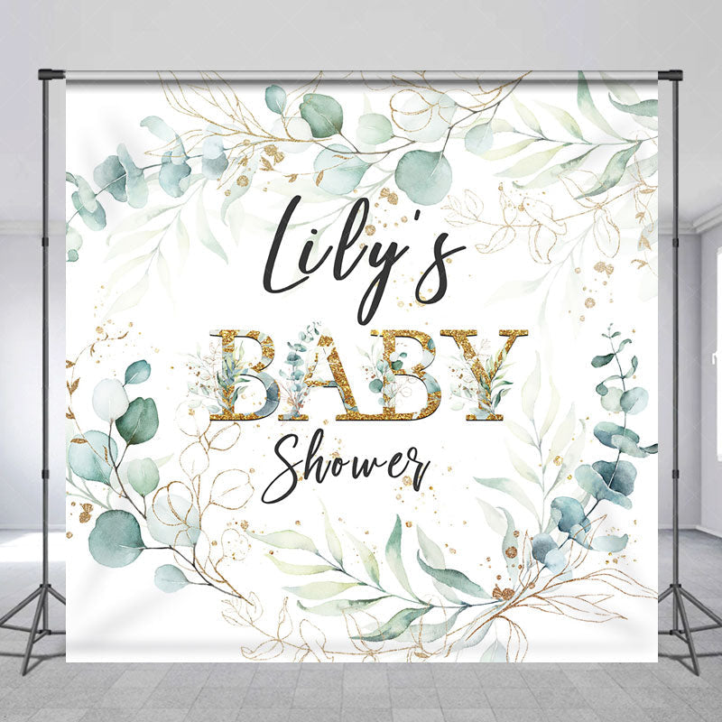 Aperturee - Aperturee Personalized Greenery Baby Shower Backdrop Eucalyptus Wreath with Gold Accents Custom Name Botanical Decor
