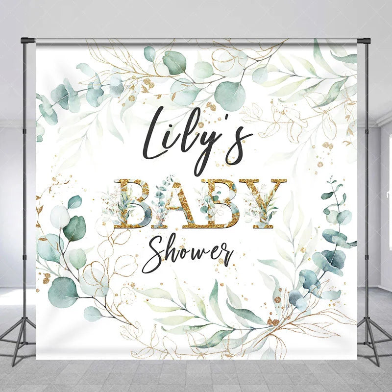 Aperturee - Aperturee Personalized Greenery Baby Shower Backdrop Eucalyptus Wreath with Gold Accents Custom Name Botanical Decor