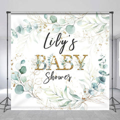 Aperturee - Aperturee Personalized Greenery Baby Shower Backdrop Eucalyptus Wreath with Gold Accents Custom Name Botanical Decor