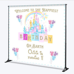 Aperturee - Aperturee Personalized Happiest Birthday on Earth Backdrop Fairytale Castle First Birthday Princess Theme Party Decor