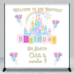 Aperturee - Aperturee Personalized Happiest Birthday on Earth Backdrop Fairytale Castle First Birthday Princess Theme Party Decor
