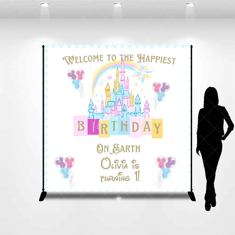 Aperturee - Aperturee Personalized Happiest Birthday on Earth Backdrop Fairytale Castle First Birthday Princess Theme Party Decor