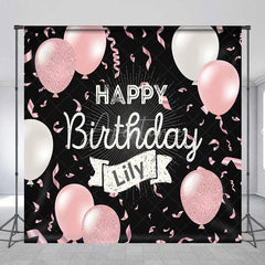 Aperturee - Aperturee Personalized Happy Birthday Backdrop Pink and White Balloons on Black Background Custom Name Girls Party Decor