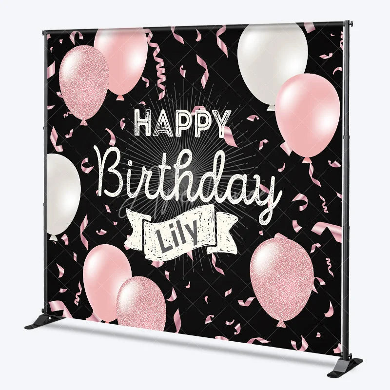 Aperturee - Aperturee Personalized Happy Birthday Backdrop Pink and White Balloons on Black Background Custom Name Girls Party Decor