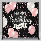 Aperturee - Aperturee Personalized Happy Birthday Backdrop Pink and White Balloons on Black Background Custom Name Girls Party Decor