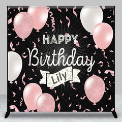 Aperturee - Aperturee Personalized Happy Birthday Backdrop Pink and White Balloons on Black Background Custom Name Girls Party Decor