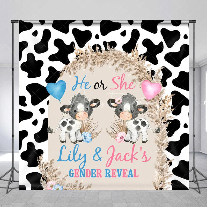 Aperturee - Aperturee Personalized He or She Cow Gender Reveal Backdrop Cow Print and Pampas Grass Background Custom Name Baby Shower Decor
