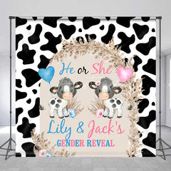 Aperturee - Aperturee Personalized He or She Cow Gender Reveal Backdrop Cow Print and Pampas Grass Background Custom Name Baby Shower Decor