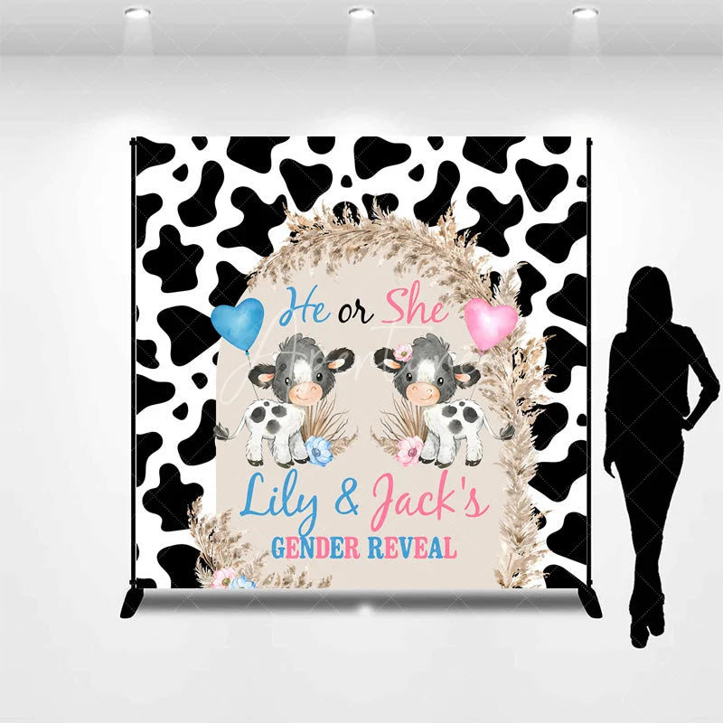 Aperturee - Aperturee Personalized He or She Cow Gender Reveal Backdrop Cow Print and Pampas Grass Background Custom Name Baby Shower Decor