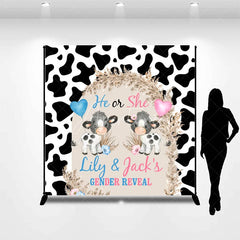 Aperturee - Aperturee Personalized He or She Cow Gender Reveal Backdrop Cow Print and Pampas Grass Background Custom Name Baby Shower Decor