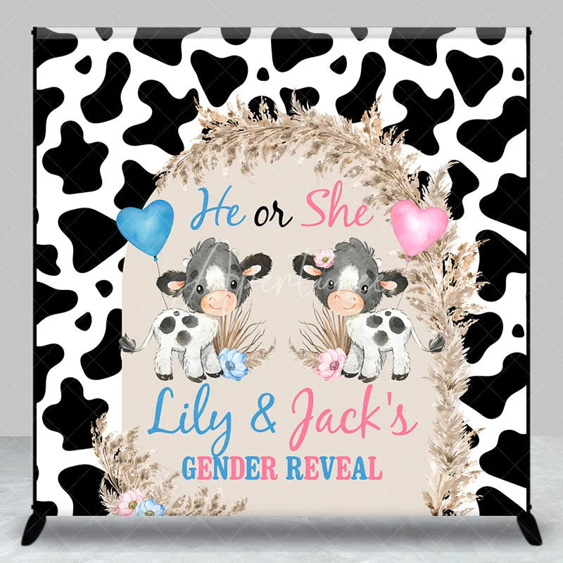 Aperturee - Aperturee Personalized He or She Cow Gender Reveal Backdrop Cow Print and Pampas Grass Background Custom Name Baby Shower Decor