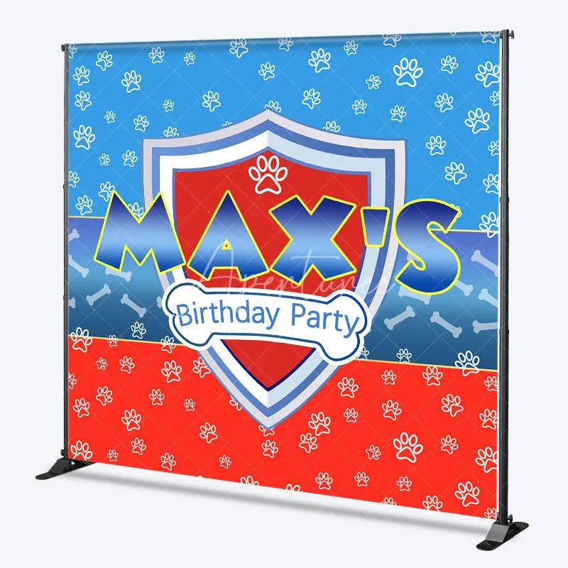Aperturee - Aperturee Personalized Hero Shield Birthday Backdrop Blue and Red Paw Prints with Bone Pattern Background Custom Name Kids