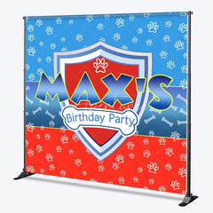 Aperturee - Aperturee Personalized Hero Shield Birthday Backdrop Blue and Red Paw Prints with Bone Pattern Background Custom Name Kids