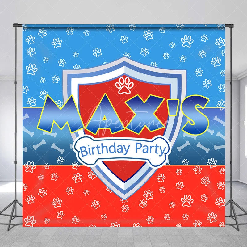 Aperturee - Aperturee Personalized Hero Shield Birthday Backdrop Blue and Red Paw Prints with Bone Pattern Background Custom Name Kids
