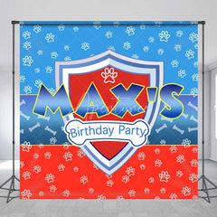 Aperturee - Aperturee Personalized Hero Shield Birthday Backdrop Blue and Red Paw Prints with Bone Pattern Background Custom Name Kids
