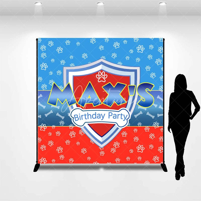 Aperturee - Aperturee Personalized Hero Shield Birthday Backdrop Blue and Red Paw Prints with Bone Pattern Background Custom Name Kids