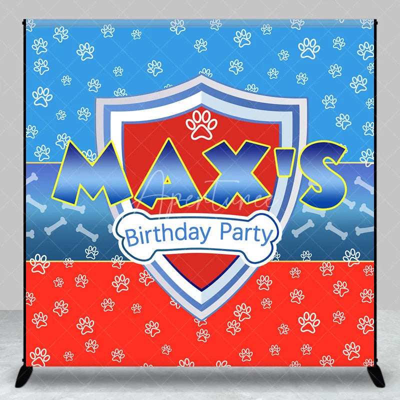 Aperturee - Aperturee Personalized Hero Shield Birthday Backdrop Blue and Red Paw Prints with Bone Pattern Background Custom Name Kids