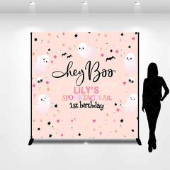 Aperturee - Aperturee Personalized Hey Boo 1st Birthday Backdrop Pink Halloween Spooktacular Theme Custom Name Cute Ghost Party Decor
