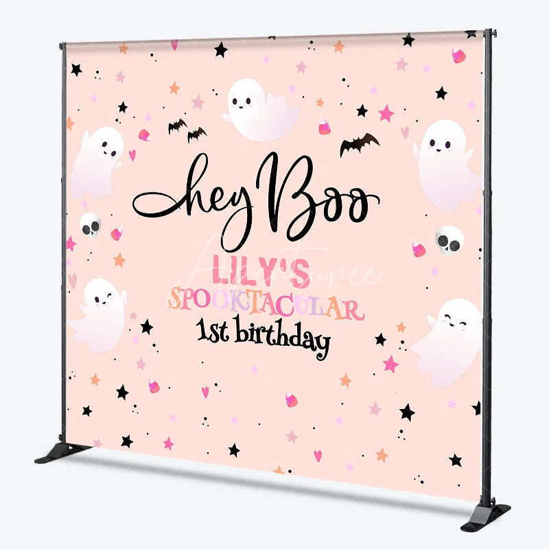 Aperturee - Aperturee Personalized Hey Boo 1st Birthday Backdrop Pink Halloween Spooktacular Theme Custom Name Cute Ghost Party Decor