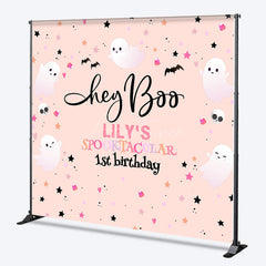 Aperturee - Aperturee Personalized Hey Boo 1st Birthday Backdrop Pink Halloween Spooktacular Theme Custom Name Cute Ghost Party Decor