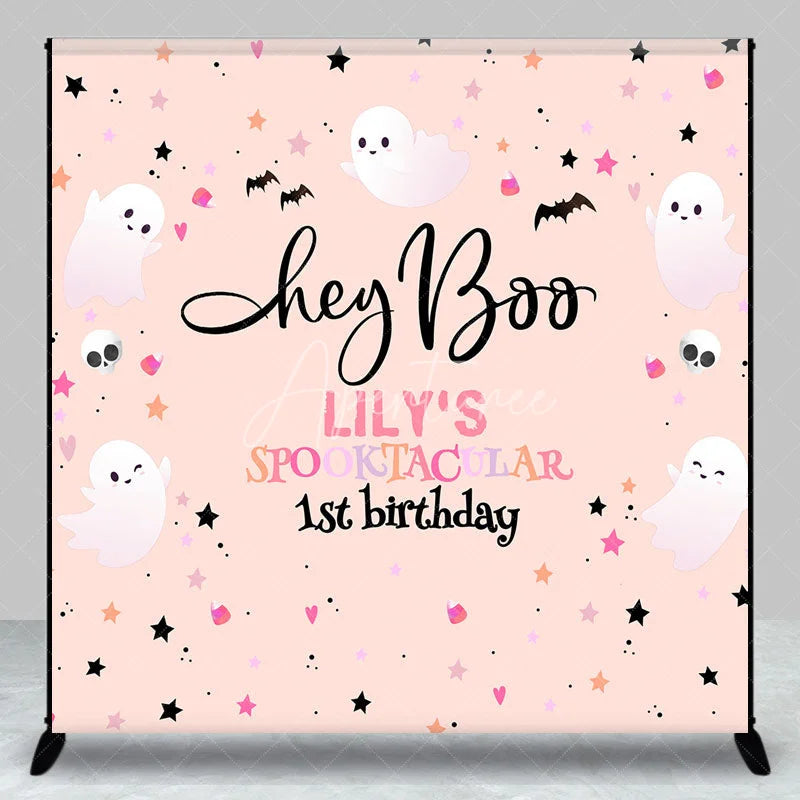 Aperturee - Aperturee Personalized Hey Boo 1st Birthday Backdrop Pink Halloween Spooktacular Theme Custom Name Cute Ghost Party Decor