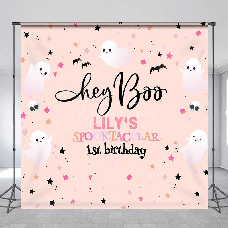 Aperturee - Aperturee Personalized Hey Boo 1st Birthday Backdrop Pink Halloween Spooktacular Theme Custom Name Cute Ghost Party Decor
