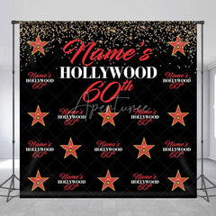 Aperturee - Aperturee Personalized Hollywood 60th Birthday Custom Backdrop with Gold Glitter and Red Stars Glamorous Party Decor