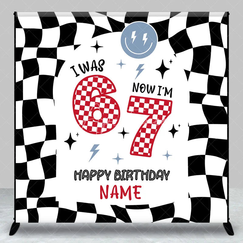 Aperturee - Aperturee Personalized I Was 6 Now I am 7 Custom Birthday Backdrop Retro Checkered Racing Theme Party Decoration