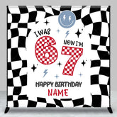 Aperturee - Aperturee Personalized I Was 6 Now I am 7 Custom Birthday Backdrop Retro Checkered Racing Theme Party Decoration