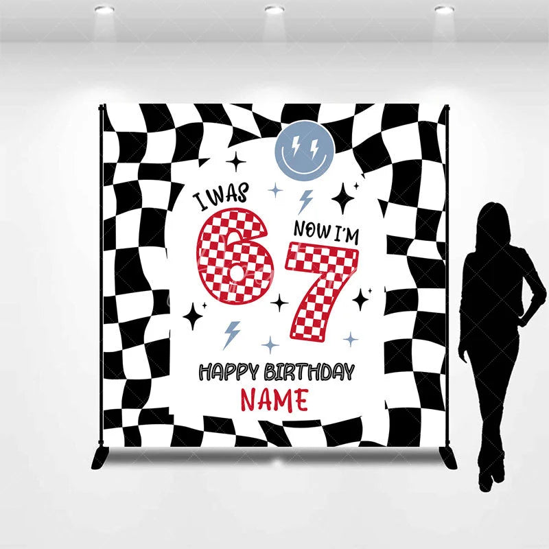Aperturee - Aperturee Personalized I Was 6 Now I am 7 Custom Birthday Backdrop Retro Checkered Racing Theme Party Decoration