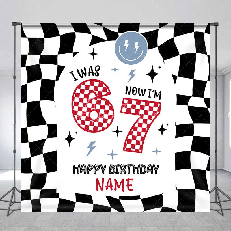 Aperturee - Aperturee Personalized I Was 6 Now I am 7 Custom Birthday Backdrop Retro Checkered Racing Theme Party Decoration