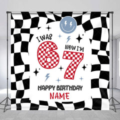 Aperturee - Aperturee Personalized I Was 6 Now I am 7 Custom Birthday Backdrop Retro Checkered Racing Theme Party Decoration