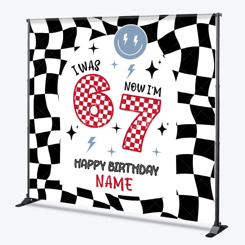 Aperturee - Aperturee Personalized I Was 6 Now I am 7 Custom Birthday Backdrop Retro Checkered Racing Theme Party Decoration