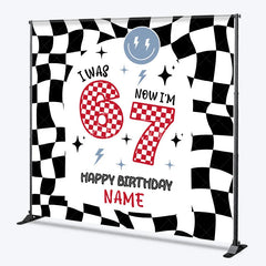 Aperturee - Aperturee Personalized I Was 6 Now I am 7 Custom Birthday Backdrop Retro Checkered Racing Theme Party Decoration