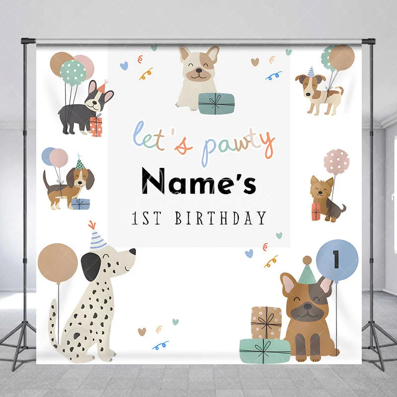 Aperturee - Aperturee Personalized Let is Pawty Custom Birthday Backdrop Cute Puppy Dogs and Balloons 1st Birthday Decoration