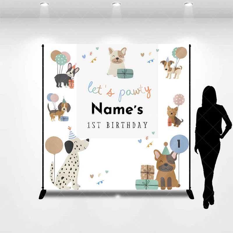 Aperturee - Aperturee Personalized Let is Pawty Custom Birthday Backdrop Cute Puppy Dogs and Balloons 1st Birthday Decoration