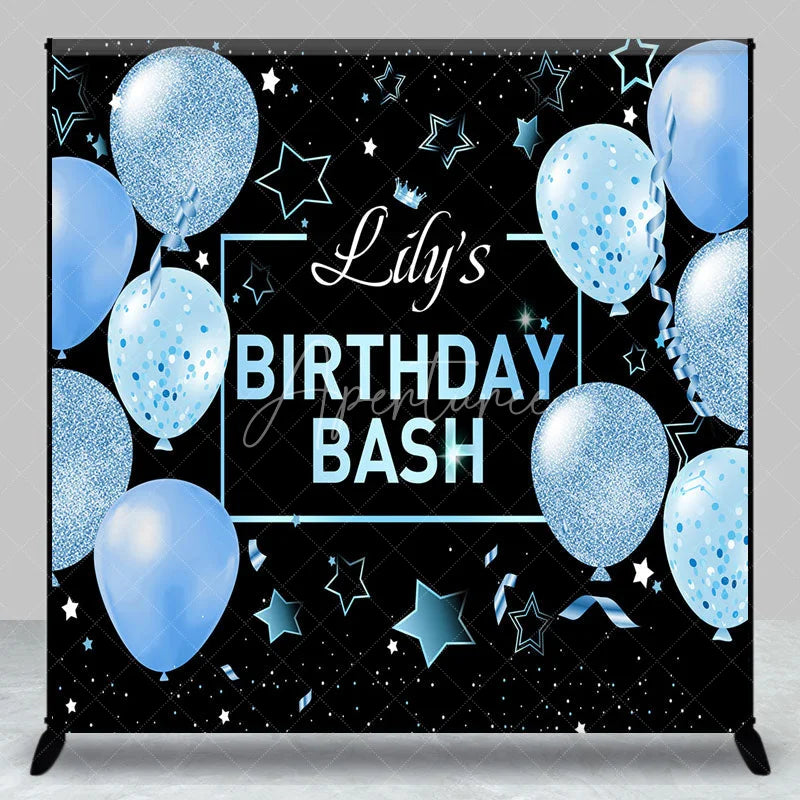 Aperturee - Aperturee Personalized Light Blue Glitter Balloons Custom Birthday Backdrop Black Stars and Confetti Party Decoration