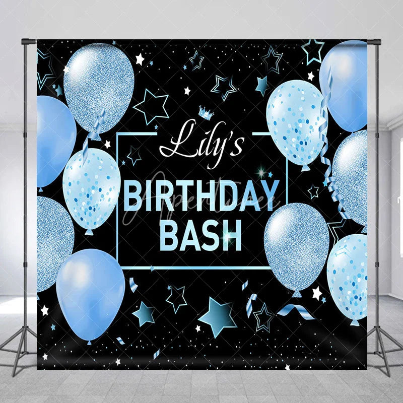 Aperturee - Aperturee Personalized Light Blue Glitter Balloons Custom Birthday Backdrop Black Stars and Confetti Party Decoration